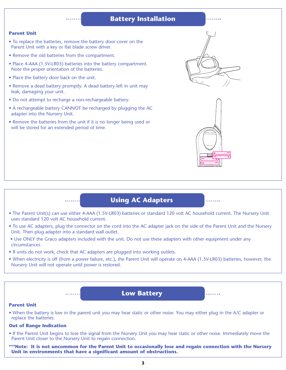 Low battery, Battery installation using ac adapters | Graco Inc. ULTRACLEAR II 2M02 User Manual | Page 3 / 12
