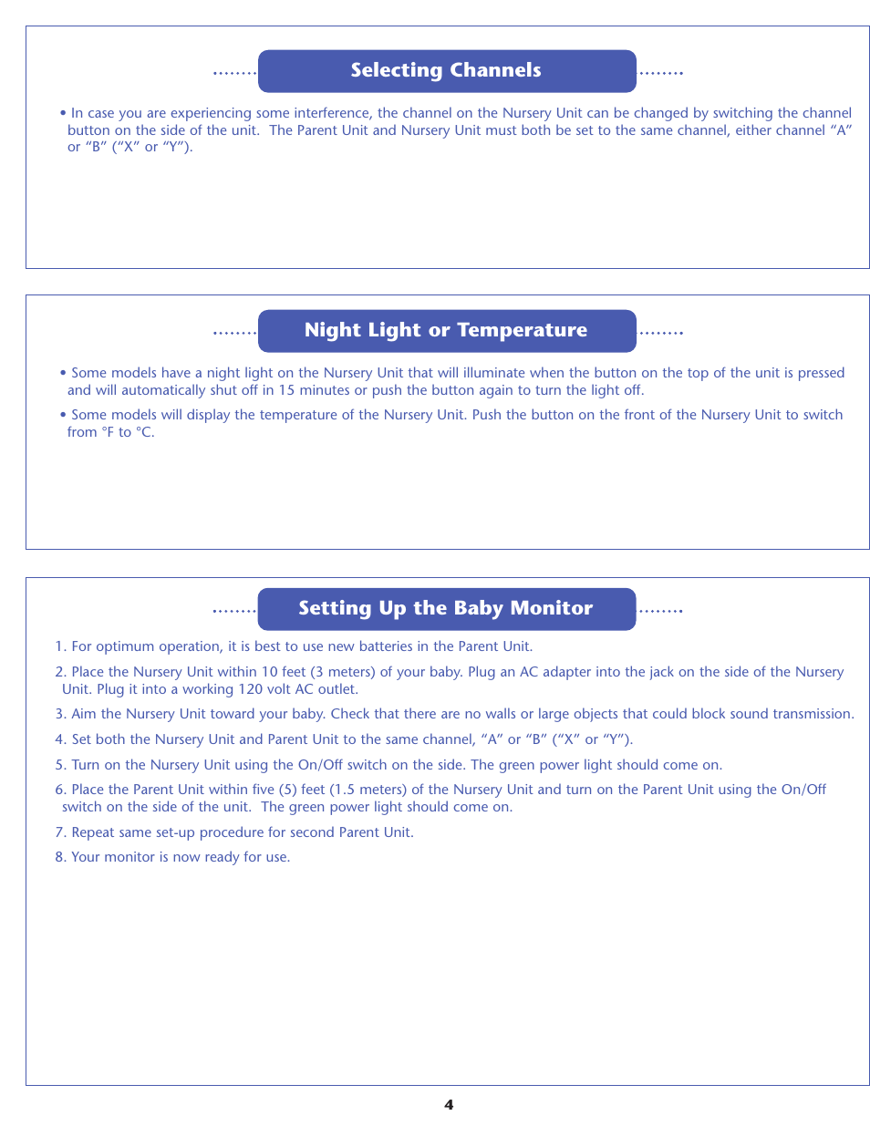 Selecting channels setting up the baby monitor, Night light or temperature | Graco Inc. ULTRACLEAR II 2M02 User Manual | Page 4 / 12