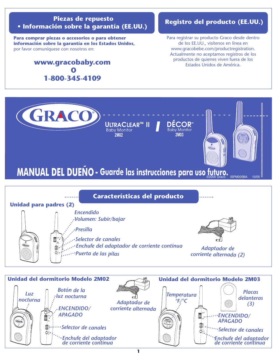 Manual del dueño, Guarde las instrucciones para uso futuro, Características del producto | Registro del producto (ee.uu.), Luz nocturna, Encendido/ apagado | Graco Inc. ULTRACLEAR II 2M02 User Manual | Page 7 / 12