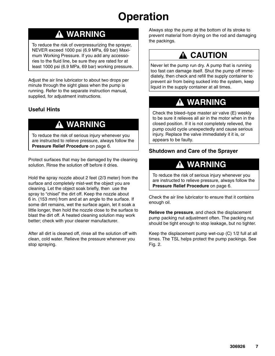 Operation, Warning, Caution | Graco Inc. Hydra-Clean 226314 User Manual | Page 7 / 12