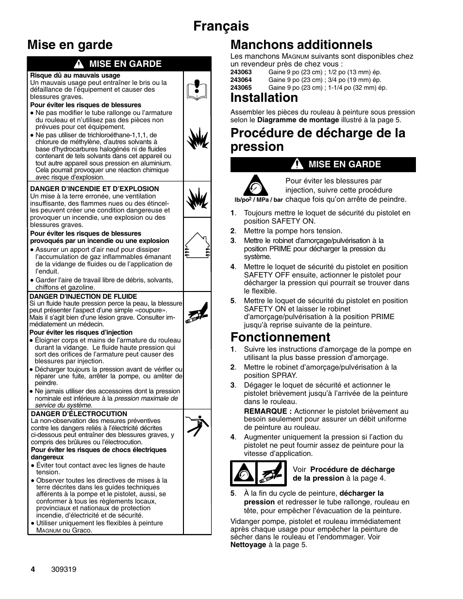 Français, Mise en garde, Manchons additionnels | Installation, Procédure de décharge de la pression, Fonctionnement | Graco Inc. Magnum Pressure Roller 244512 User Manual | Page 4 / 8