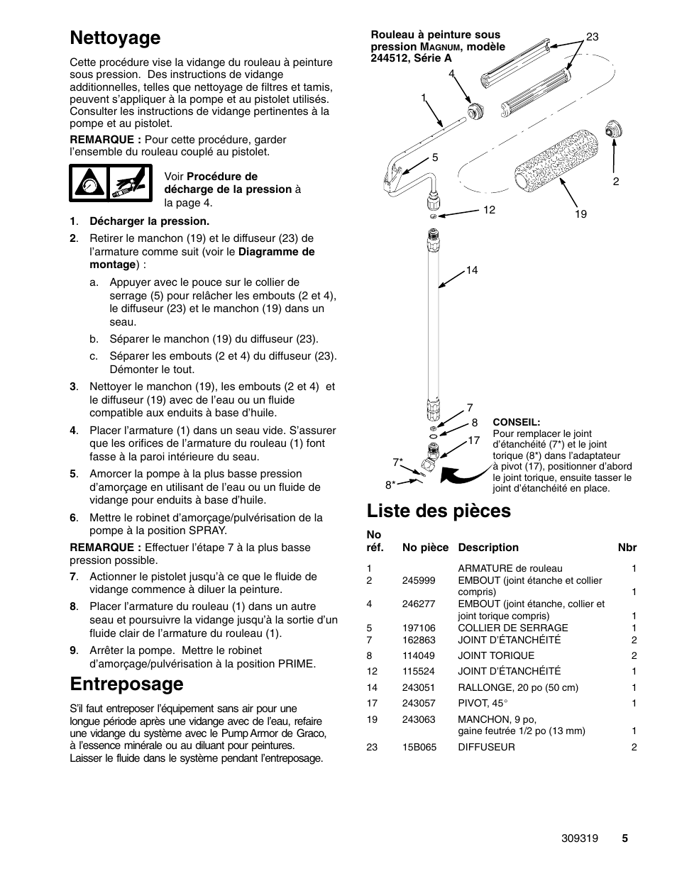 Nettoyage, Entreposage, Liste des pièces | Graco Inc. Magnum Pressure Roller 244512 User Manual | Page 5 / 8