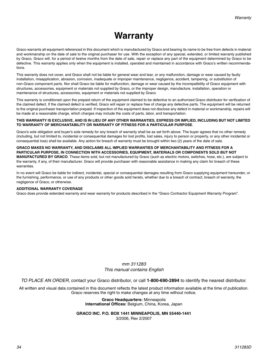 Warranty | Graco Inc. 253471 User Manual | Page 34 / 34