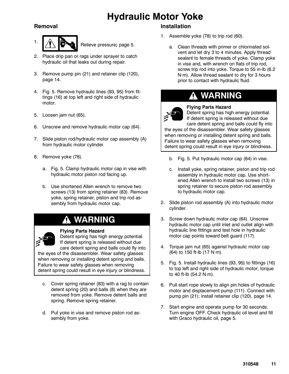 Hydraulic motor yoke, Warning | Graco Inc. 233940 User Manual | Page 11 / 24