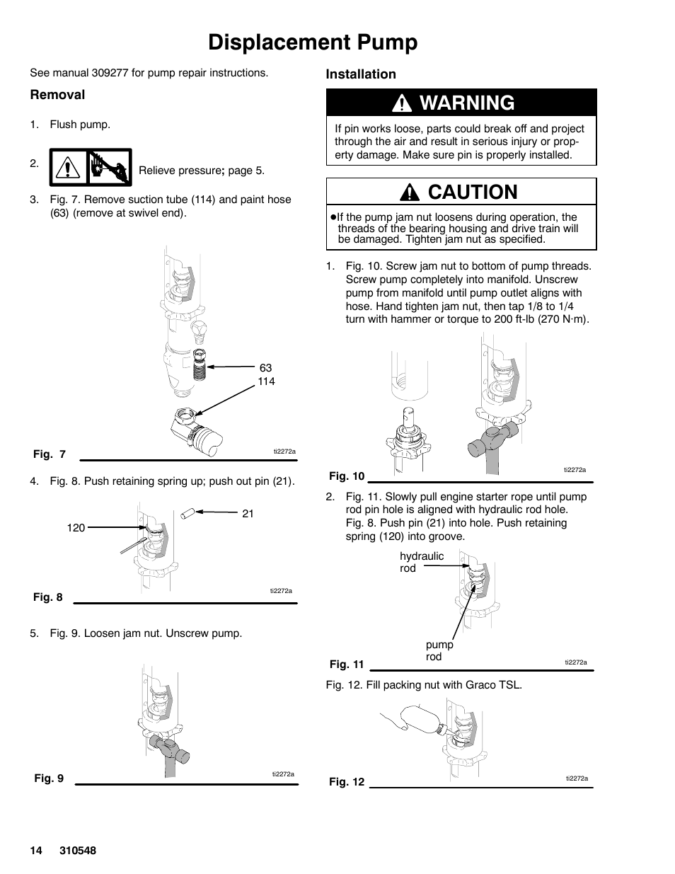Displacement pump, Warning, Caution | Graco Inc. 233940 User Manual | Page 14 / 24