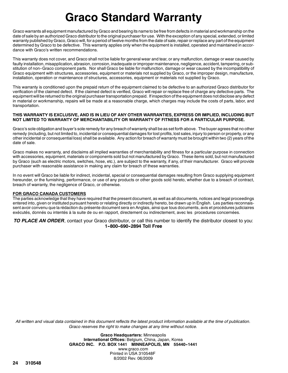 Graco standard warranty | Graco Inc. 233940 User Manual | Page 24 / 24