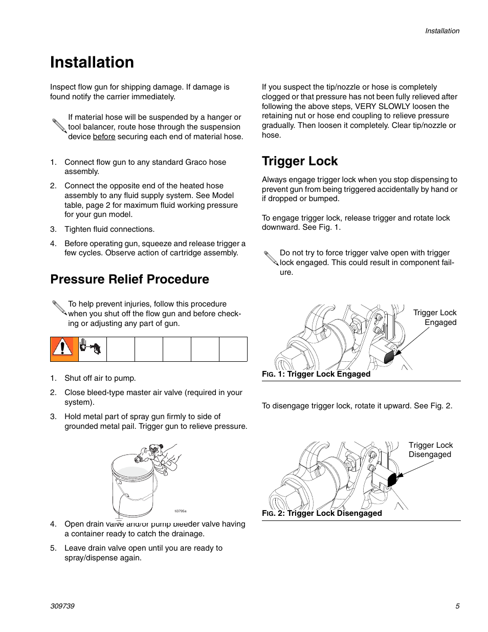 Installation, Pressure relief procedure, Trigger lock | Graco Inc. 12004X User Manual | Page 5 / 16