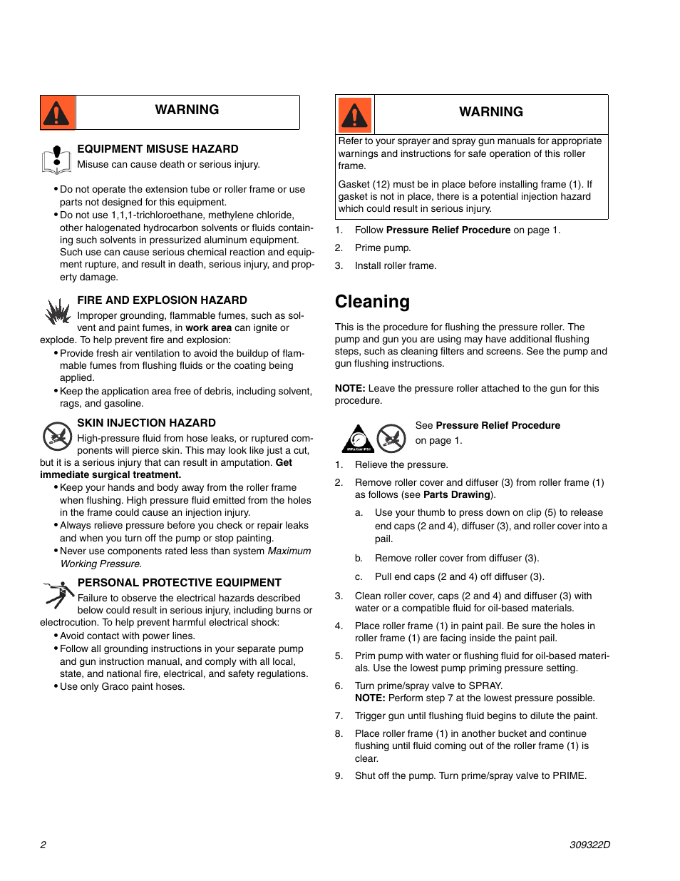 Cleaning, Warning | Graco Inc. 309322D User Manual | Page 2 / 4