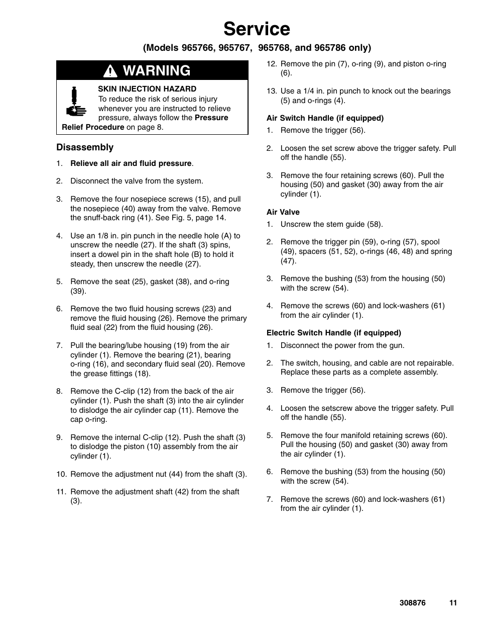 Service, Warning | Graco Inc. 965786 User Manual | Page 11 / 30