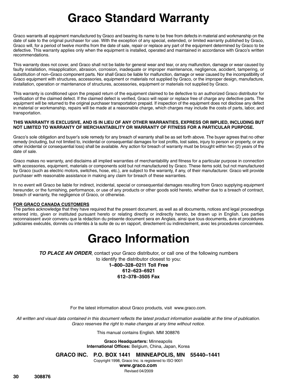 Graco standard warranty, Graco information | Graco Inc. 965786 User Manual | Page 30 / 30