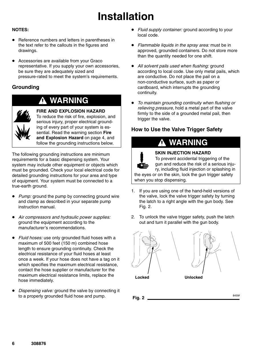Installation, Warning | Graco Inc. 965786 User Manual | Page 6 / 30