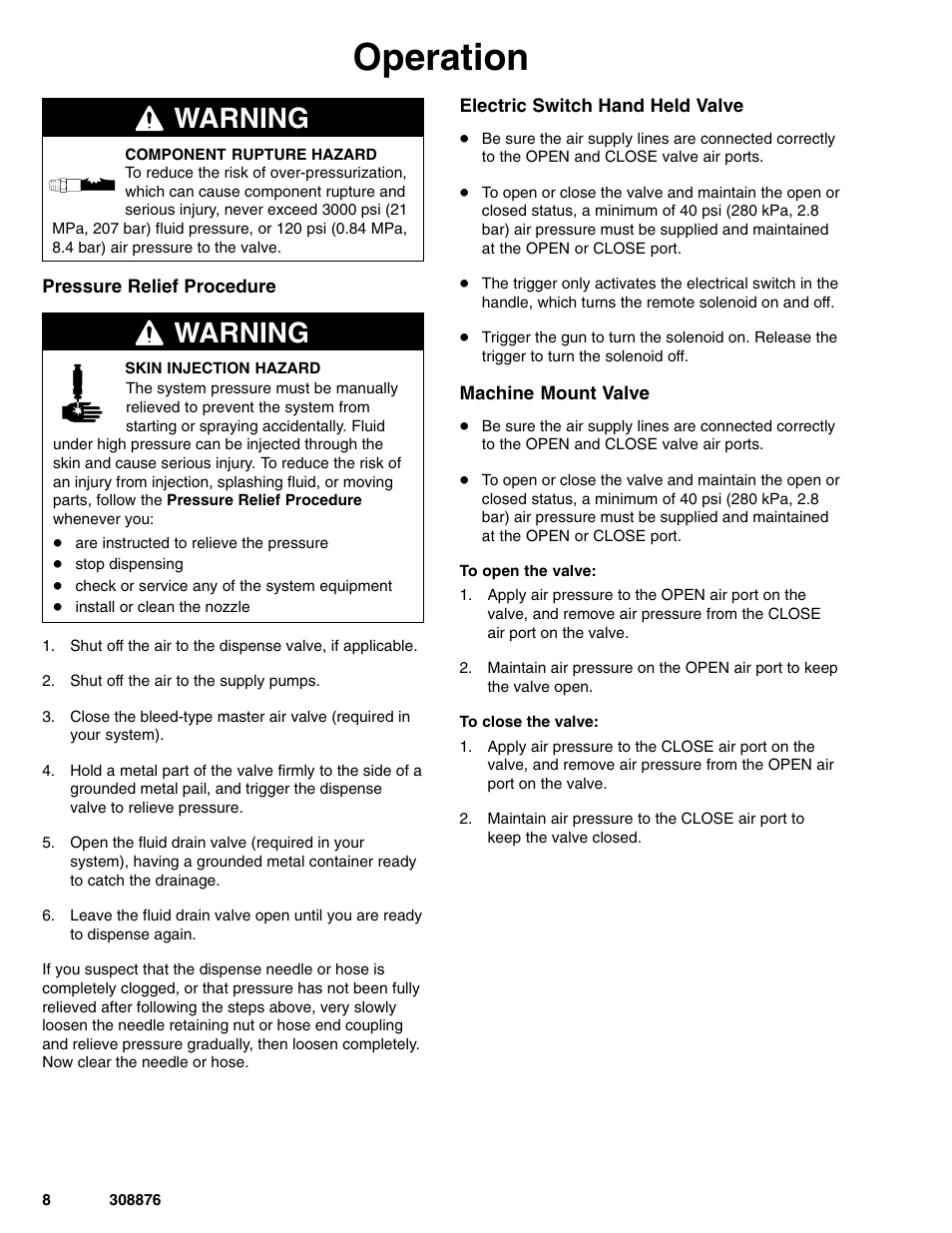 Operation, Warning | Graco Inc. 965786 User Manual | Page 8 / 30