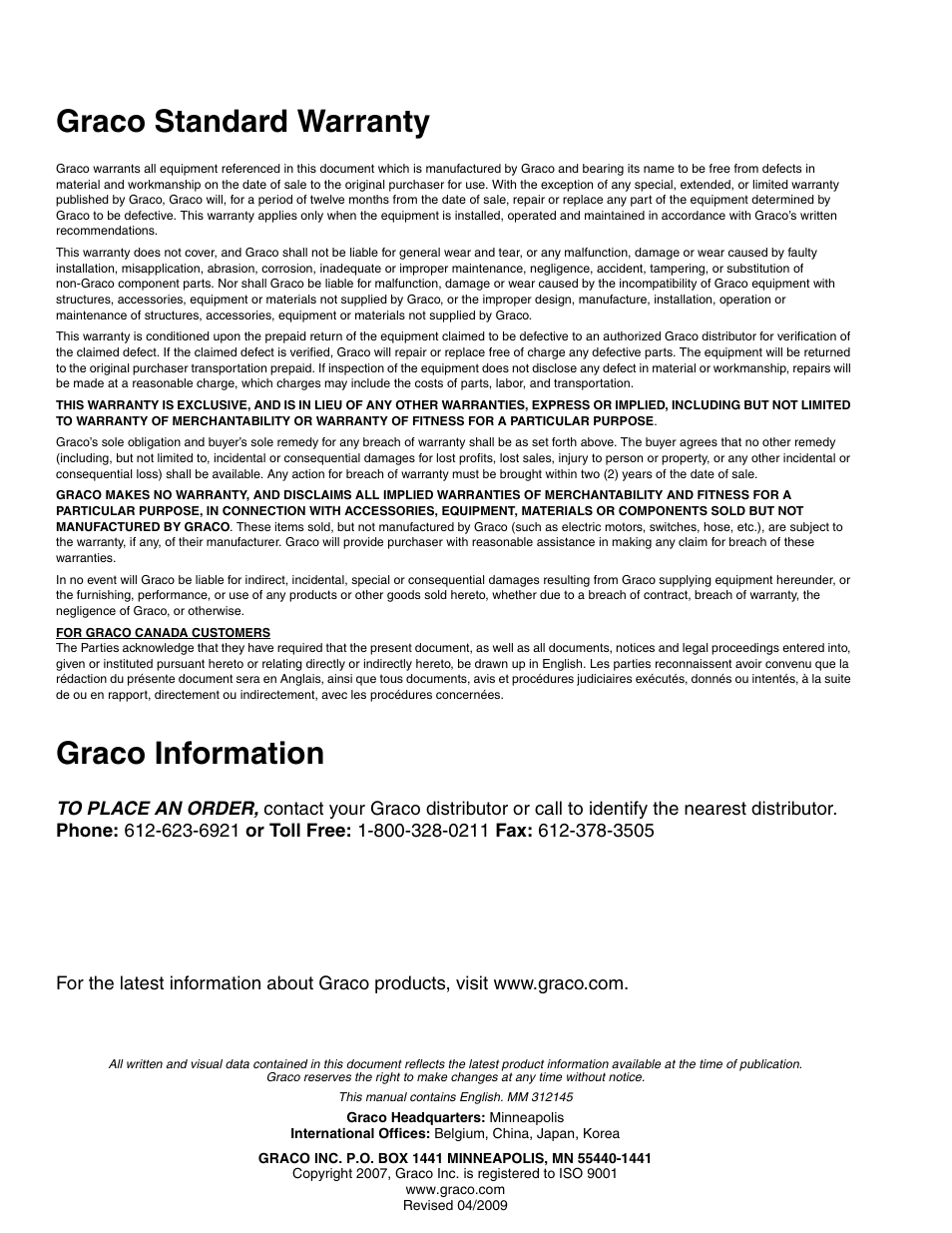 Graco standard warranty, Graco information | Graco Inc. XTR 5 User Manual | Page 12 / 12