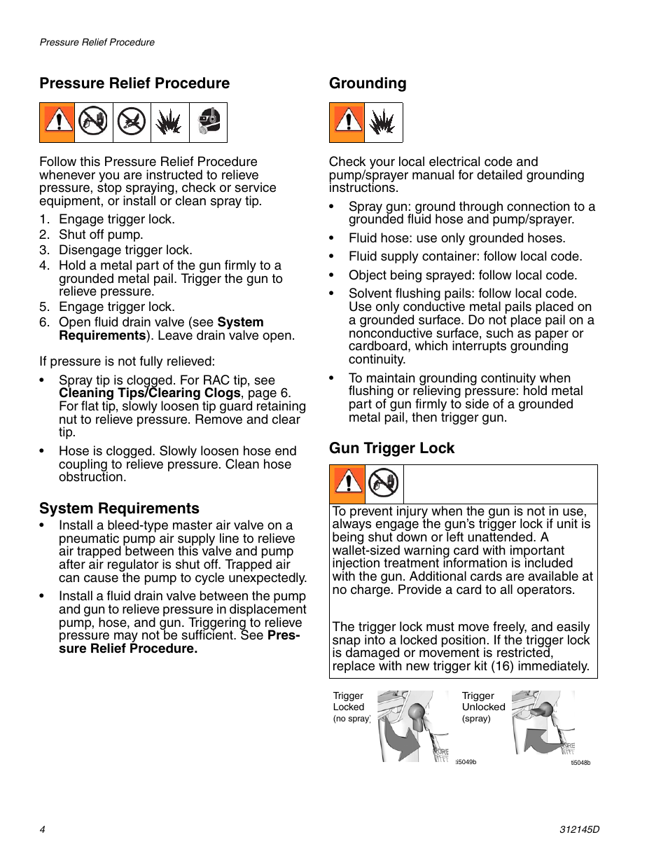 Pressure relief procedure, System requirements, Grounding | Gun trigger lock | Graco Inc. XTR 5 User Manual | Page 4 / 12