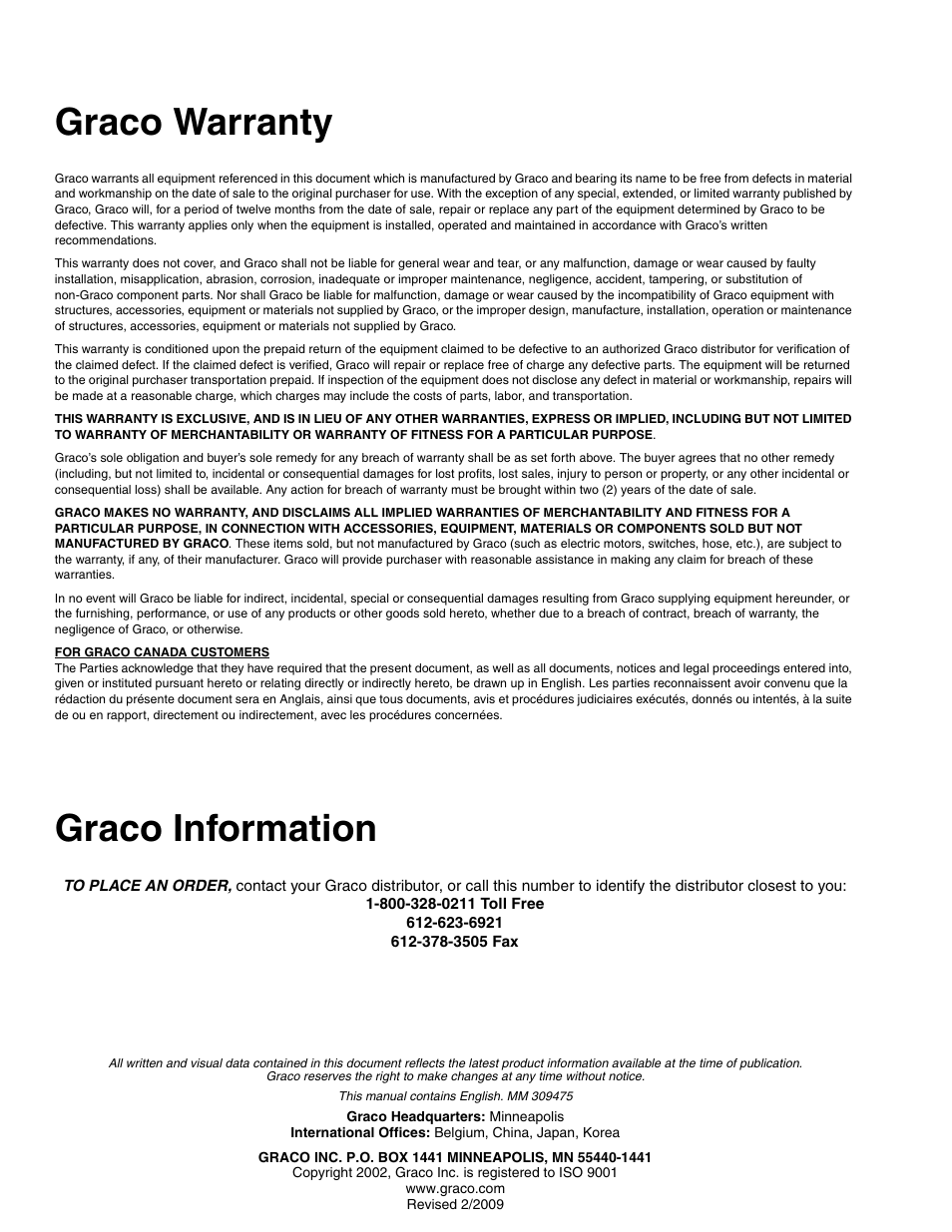 Graco warranty, Graco information | Graco Inc. 309475F User Manual | Page 28 / 28