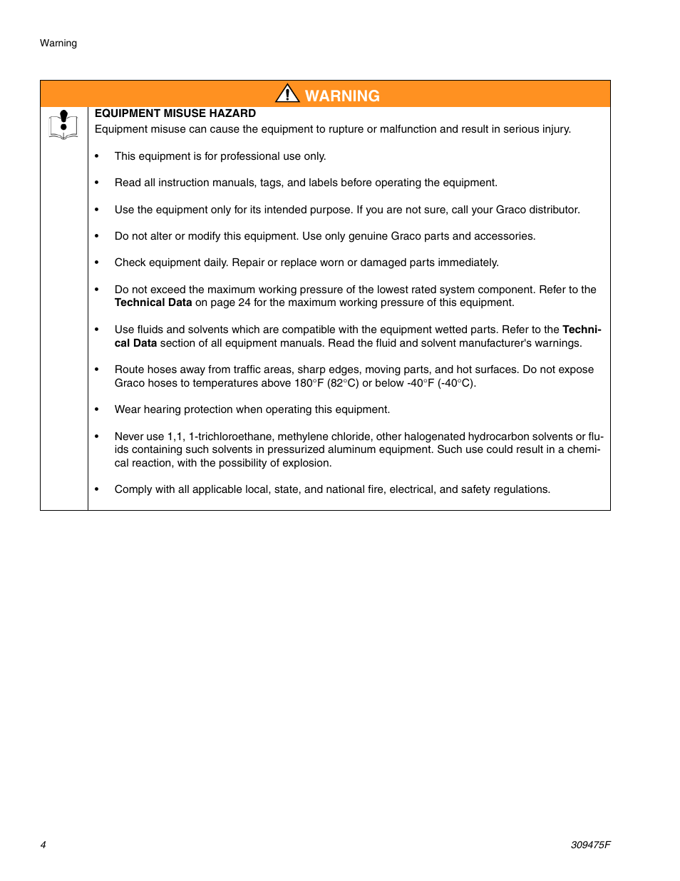 Warning | Graco Inc. 309475F User Manual | Page 4 / 28