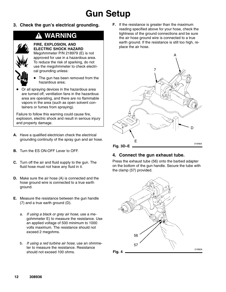 Gun setup, Warning | Graco Inc. UNICARB Pro AA4500 User Manual | Page 12 / 48