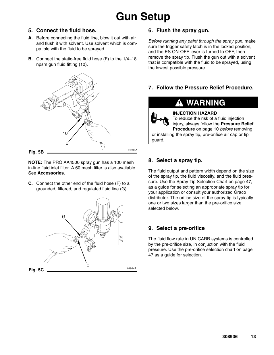 Gun setup, Warning | Graco Inc. UNICARB Pro AA4500 User Manual | Page 13 / 48