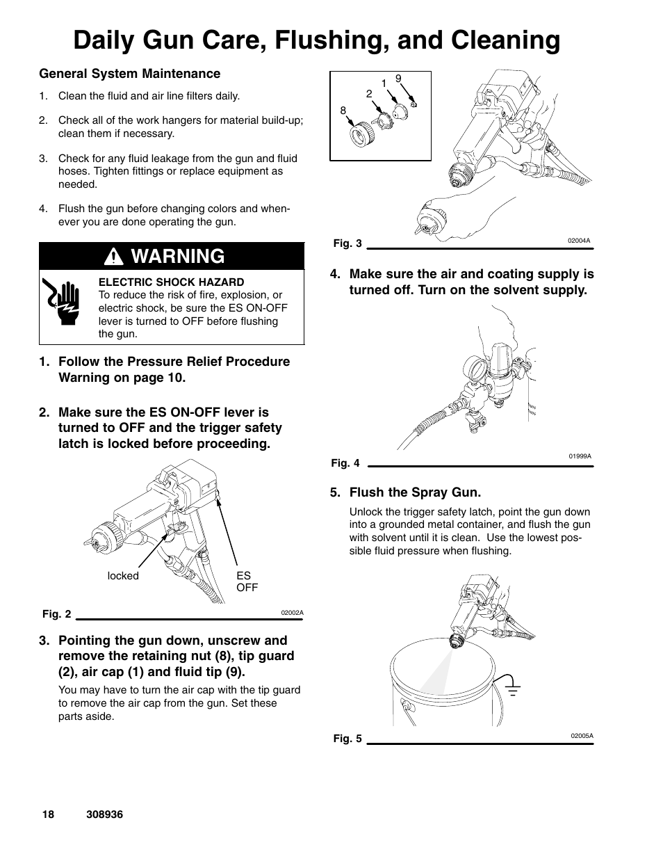 Daily gun care, flushing, and cleaning, Warning | Graco Inc. UNICARB Pro AA4500 User Manual | Page 18 / 48