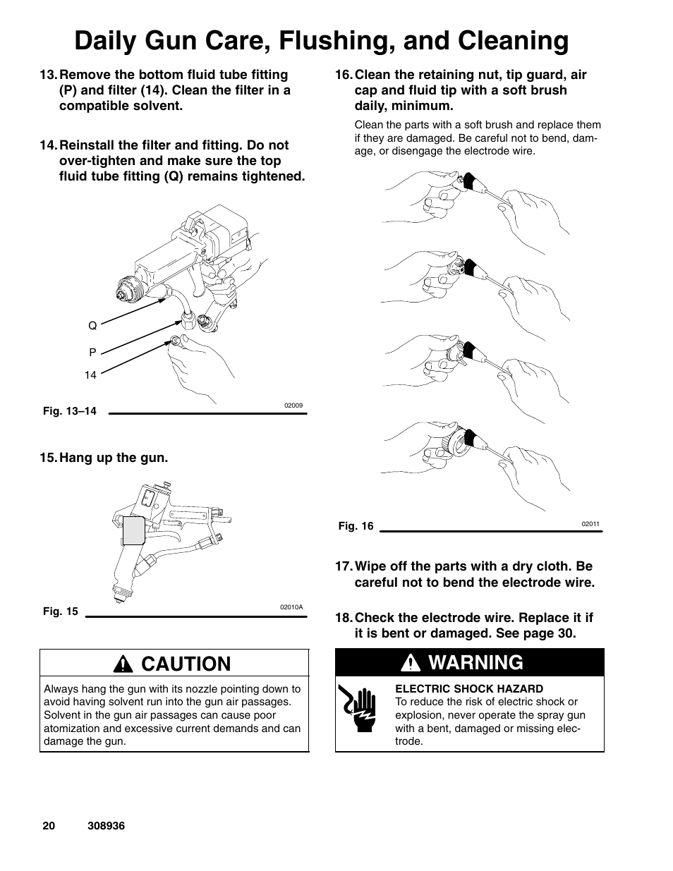 Daily gun care, flushing, and cleaning, Caution, Warning | Graco Inc. UNICARB Pro AA4500 User Manual | Page 20 / 48
