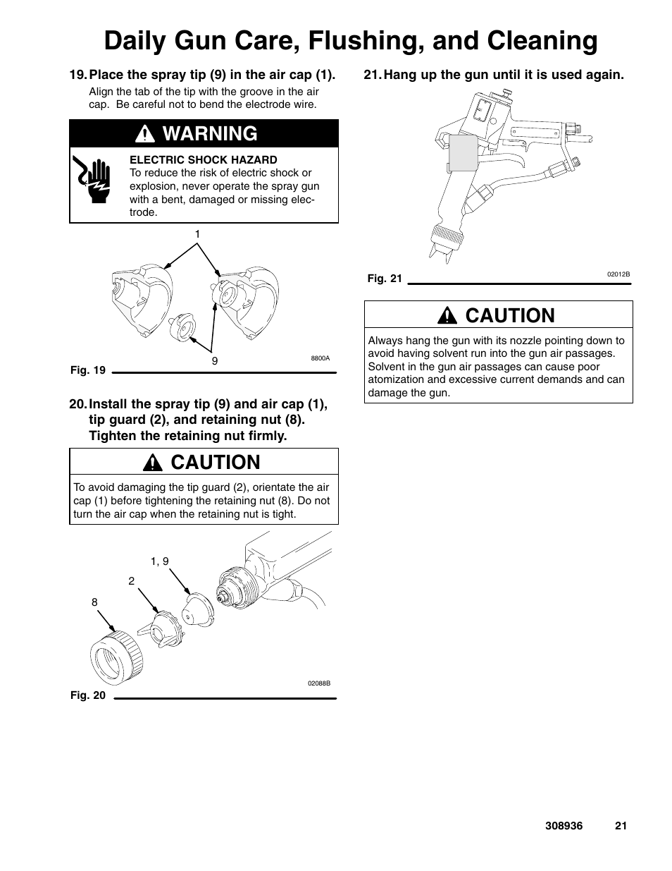 Daily gun care, flushing, and cleaning, Warning, Caution | Graco Inc. UNICARB Pro AA4500 User Manual | Page 21 / 48