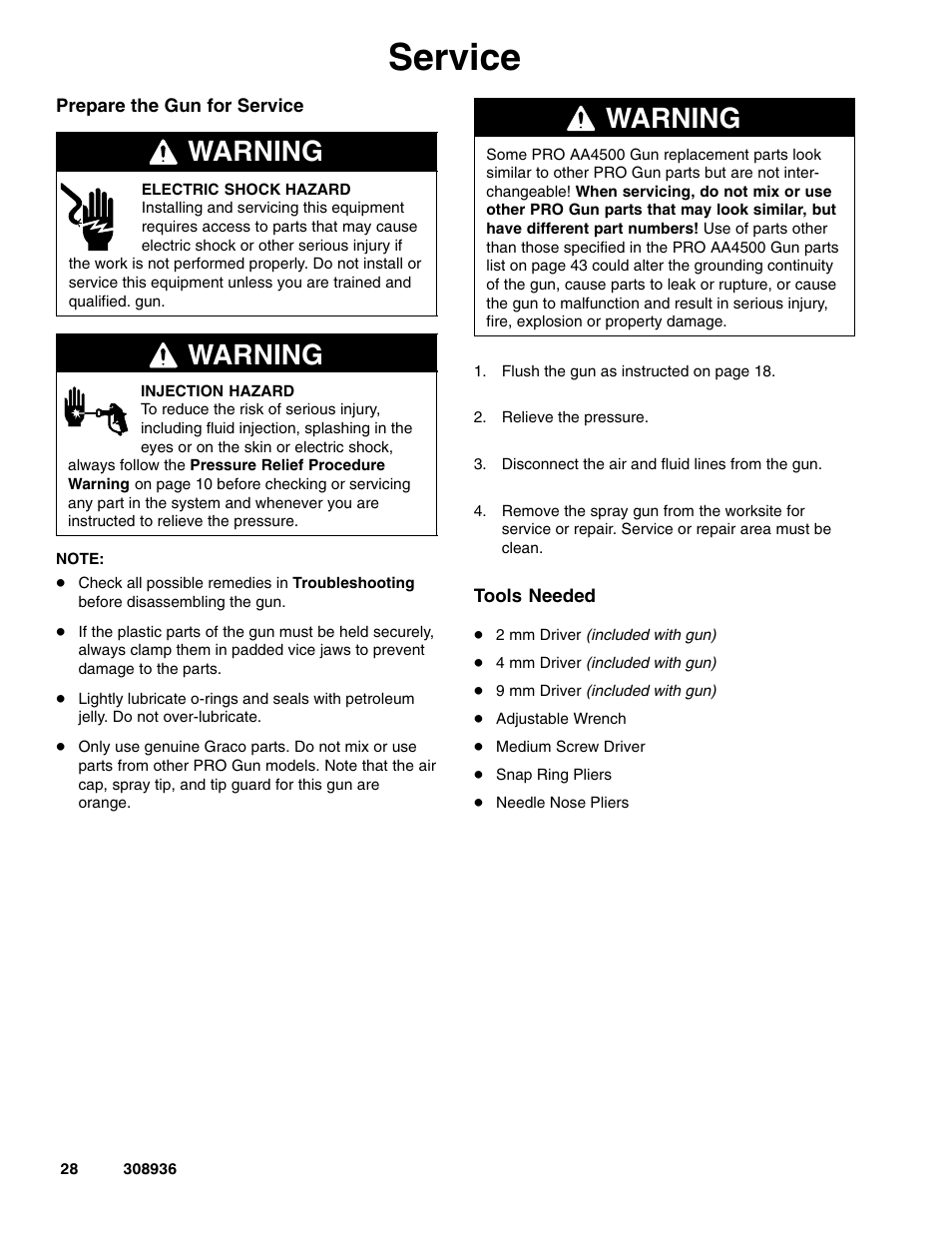 Service, Warning | Graco Inc. UNICARB Pro AA4500 User Manual | Page 28 / 48