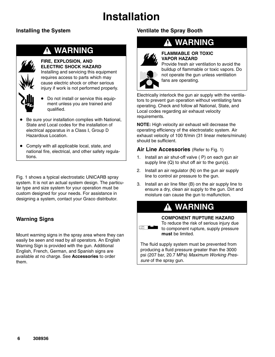 Installation, Warning | Graco Inc. UNICARB Pro AA4500 User Manual | Page 6 / 48