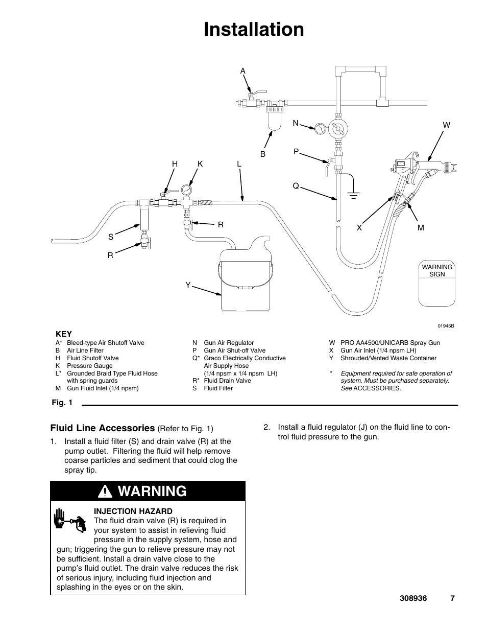 Installation, Warning, Fluid line accessories | Graco Inc. UNICARB Pro AA4500 User Manual | Page 7 / 48