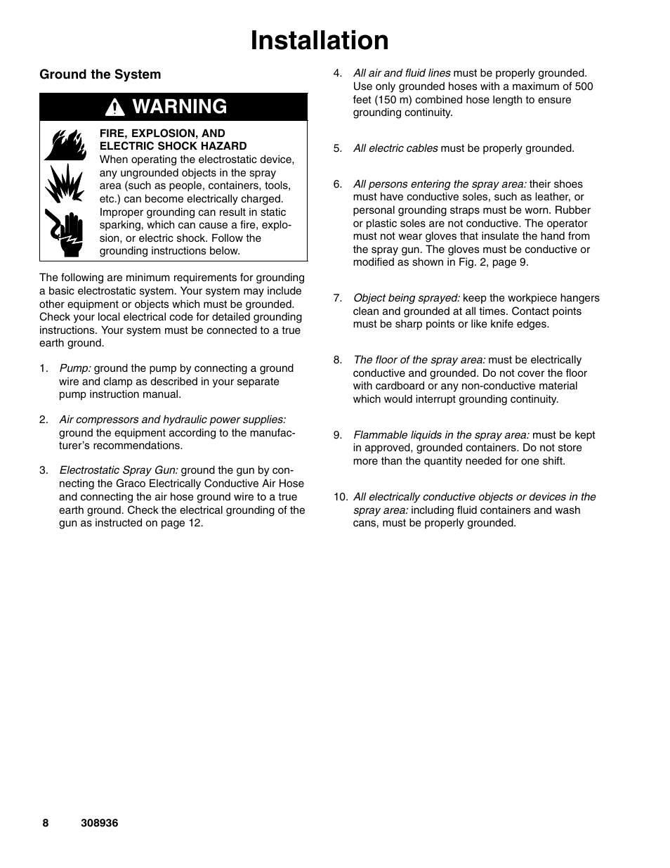 Installation, Warning | Graco Inc. UNICARB Pro AA4500 User Manual | Page 8 / 48