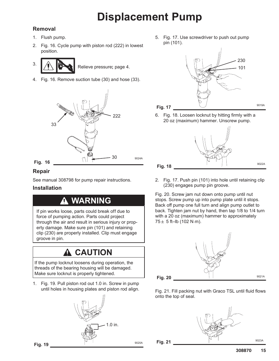 Displacement pump, Warning, Caution | Graco Inc. 232632 User Manual | Page 15 / 26