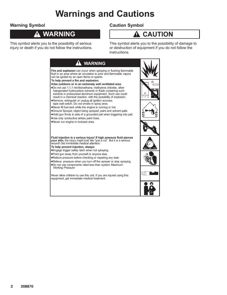 Warnings and cautions, Warning, Caution | Warning symbol, Caution symbol | Graco Inc. 232632 User Manual | Page 2 / 26