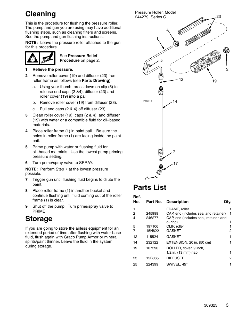 Cleaning, Storage, Parts list | Graco Inc. 309323E User Manual | Page 3 / 4