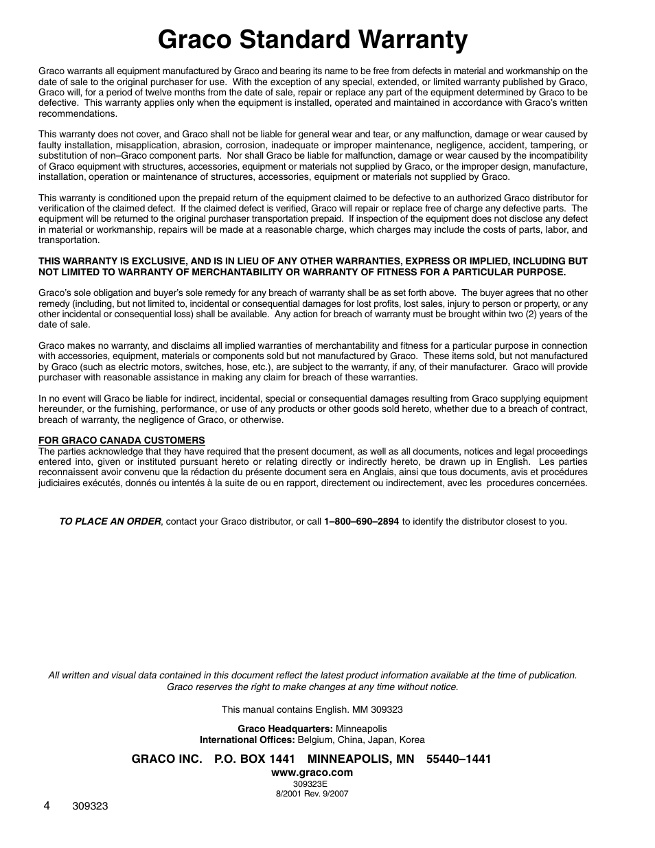 Graco standard warranty | Graco Inc. 309323E User Manual | Page 4 / 4