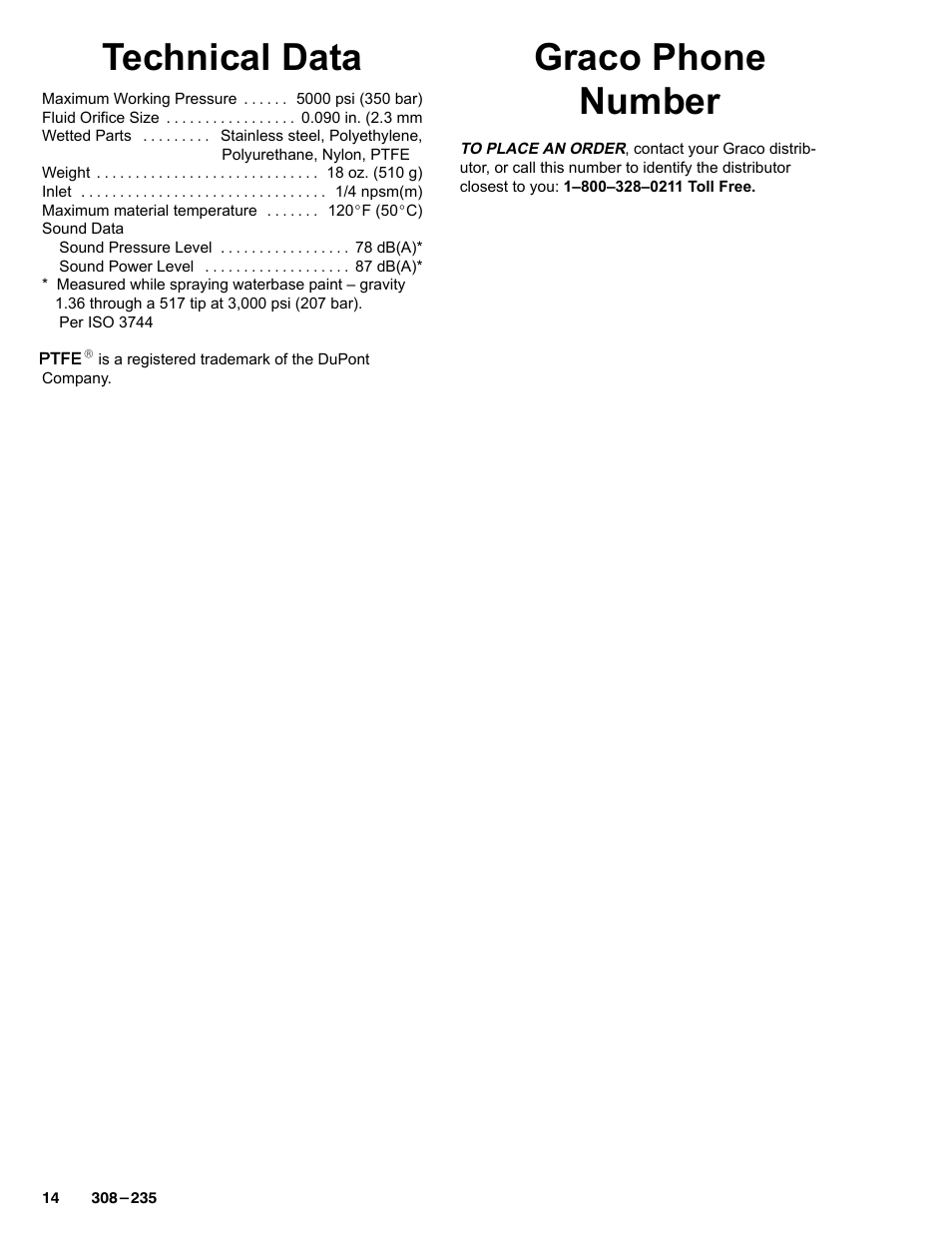 Technical data, Graco phone number | Graco Inc. 235457 User Manual | Page 14 / 16