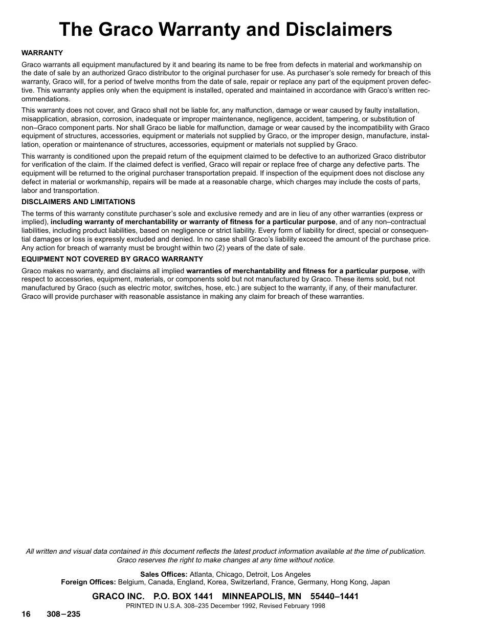 The graco warranty and disclaimers | Graco Inc. 235457 User Manual | Page 16 / 16