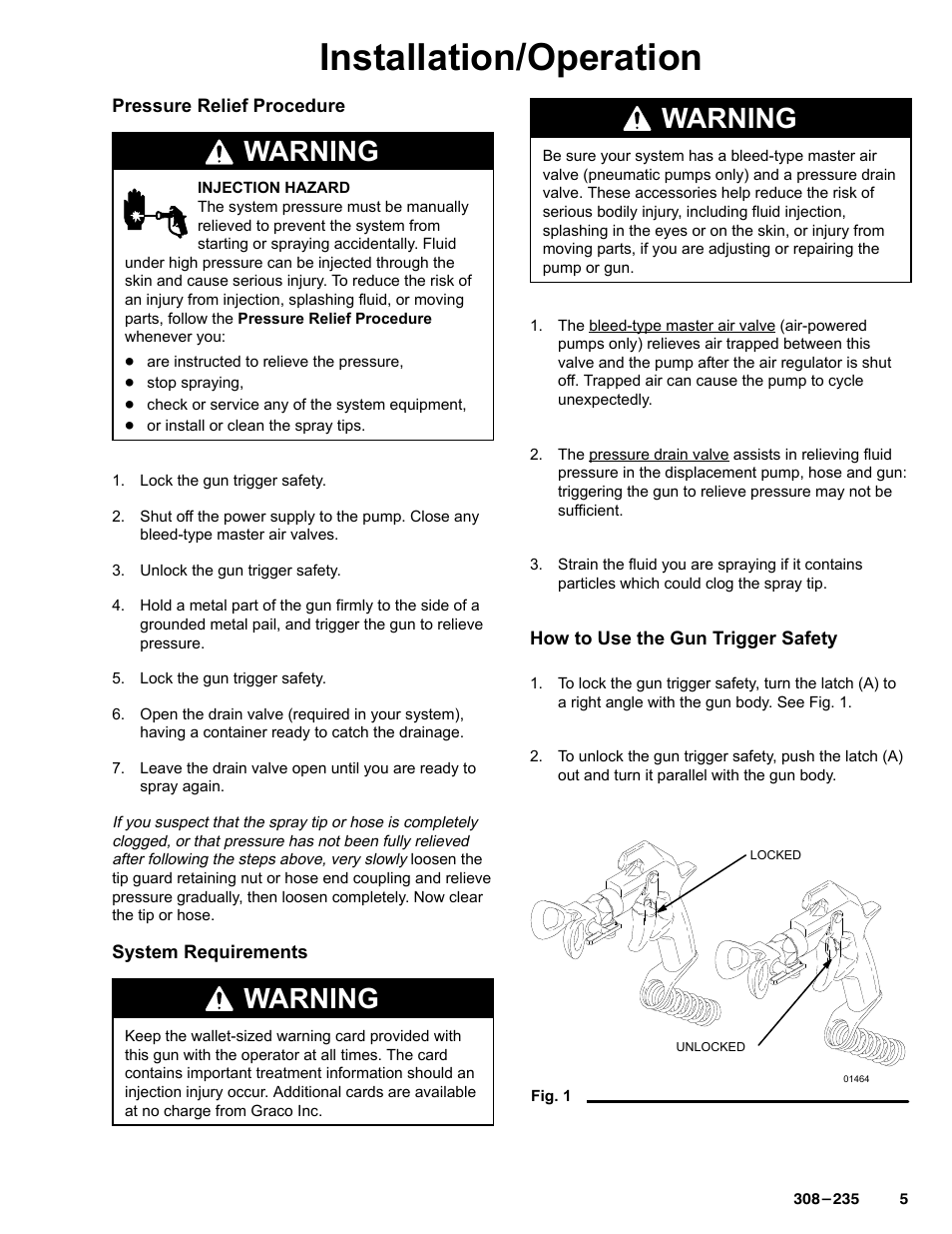 Installation/operation, Warning | Graco Inc. 235457 User Manual | Page 5 / 16