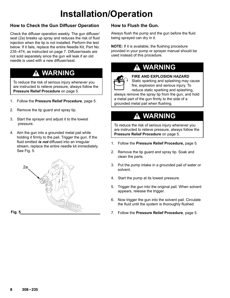 Installation/operation, Warning | Graco Inc. 235457 User Manual | Page 8 / 16