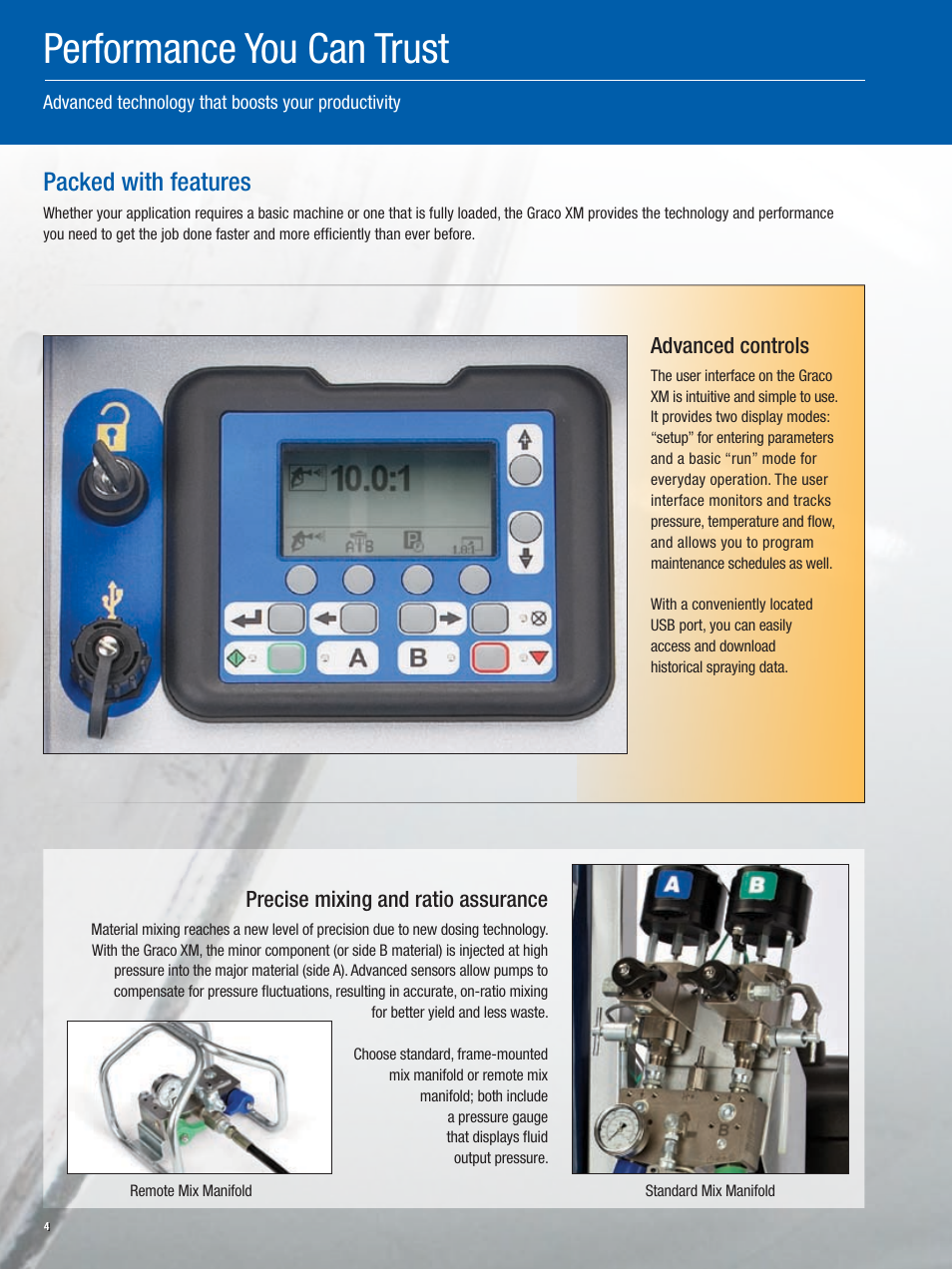 Performance you can trust, Packed with features, Advanced controls | Precise mixing and ratio assurance | Graco Inc. XM Series User Manual | Page 4 / 8