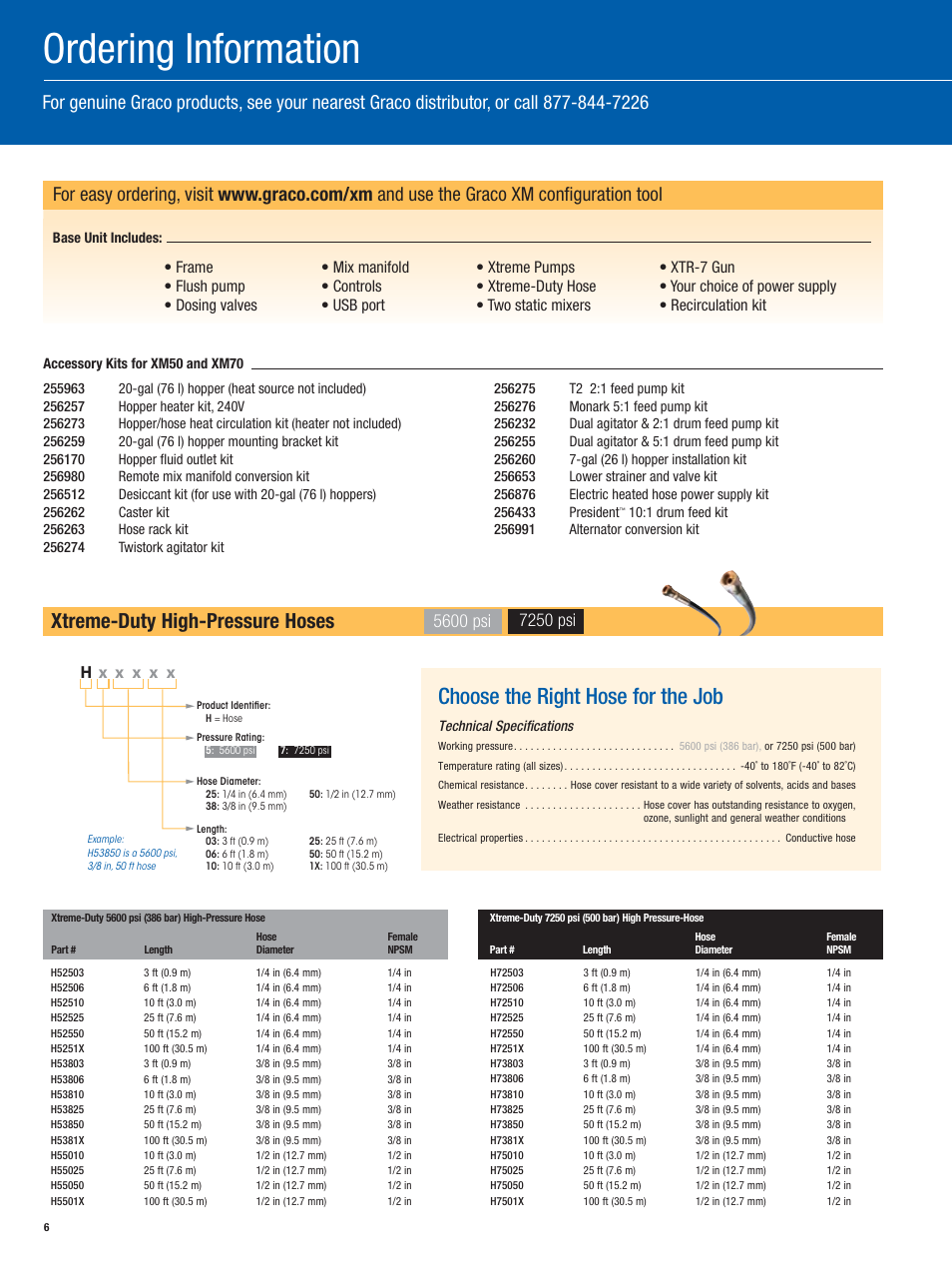 Ordering information, Choose the right hose for the job, Xtreme-duty high-pressure hoses | 5600 psi, 7250 psi | Graco Inc. XM Series User Manual | Page 6 / 8