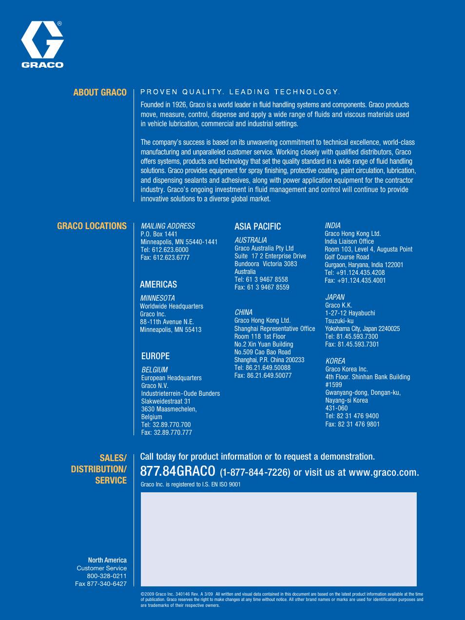 84graco, About graco sales/ distribution/ service, Graco locations | Americas, Europe, Asia pacific | Graco Inc. XM Series User Manual | Page 8 / 8