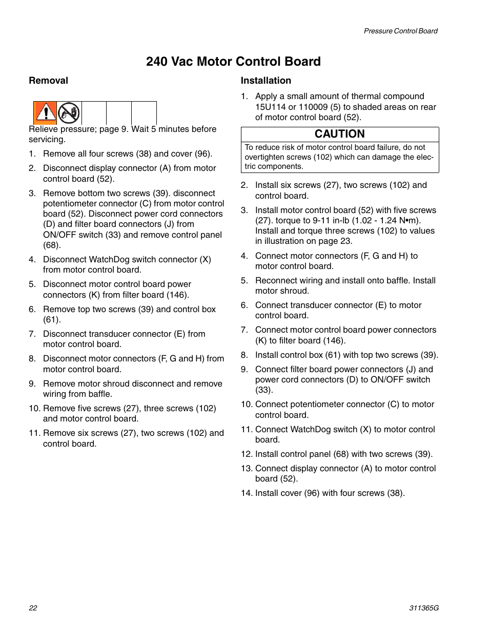 240 vac motor control board, Caution | Graco Inc. 1095 HI User Manual | Page 22 / 43