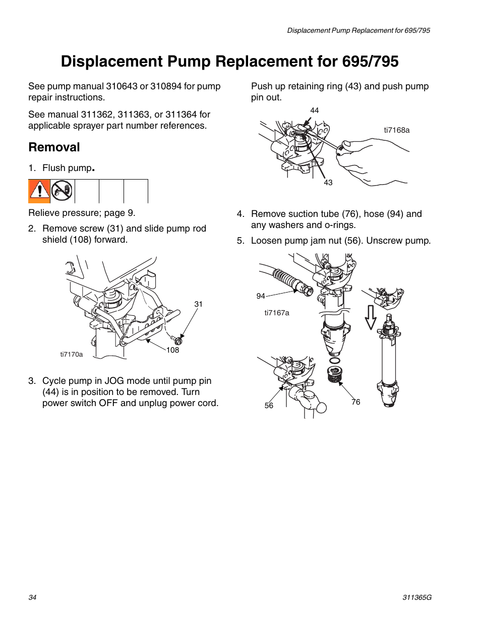Displacement pump replacement for 695/795, Removal | Graco Inc. 1095 HI User Manual | Page 34 / 43