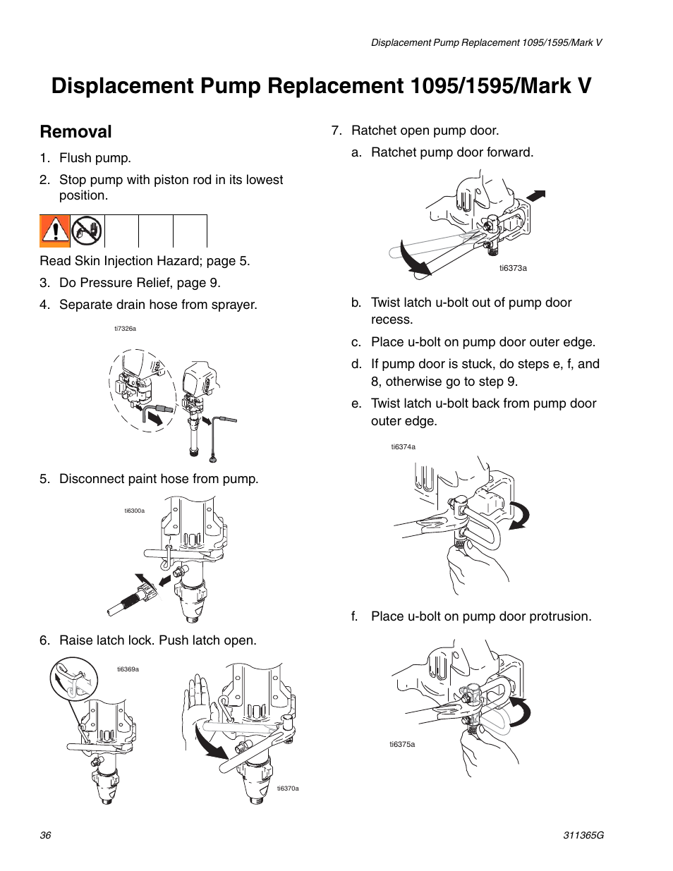 Displacement pump replacement 1095/1595/mark v, Removal | Graco Inc. 1095 HI User Manual | Page 36 / 43