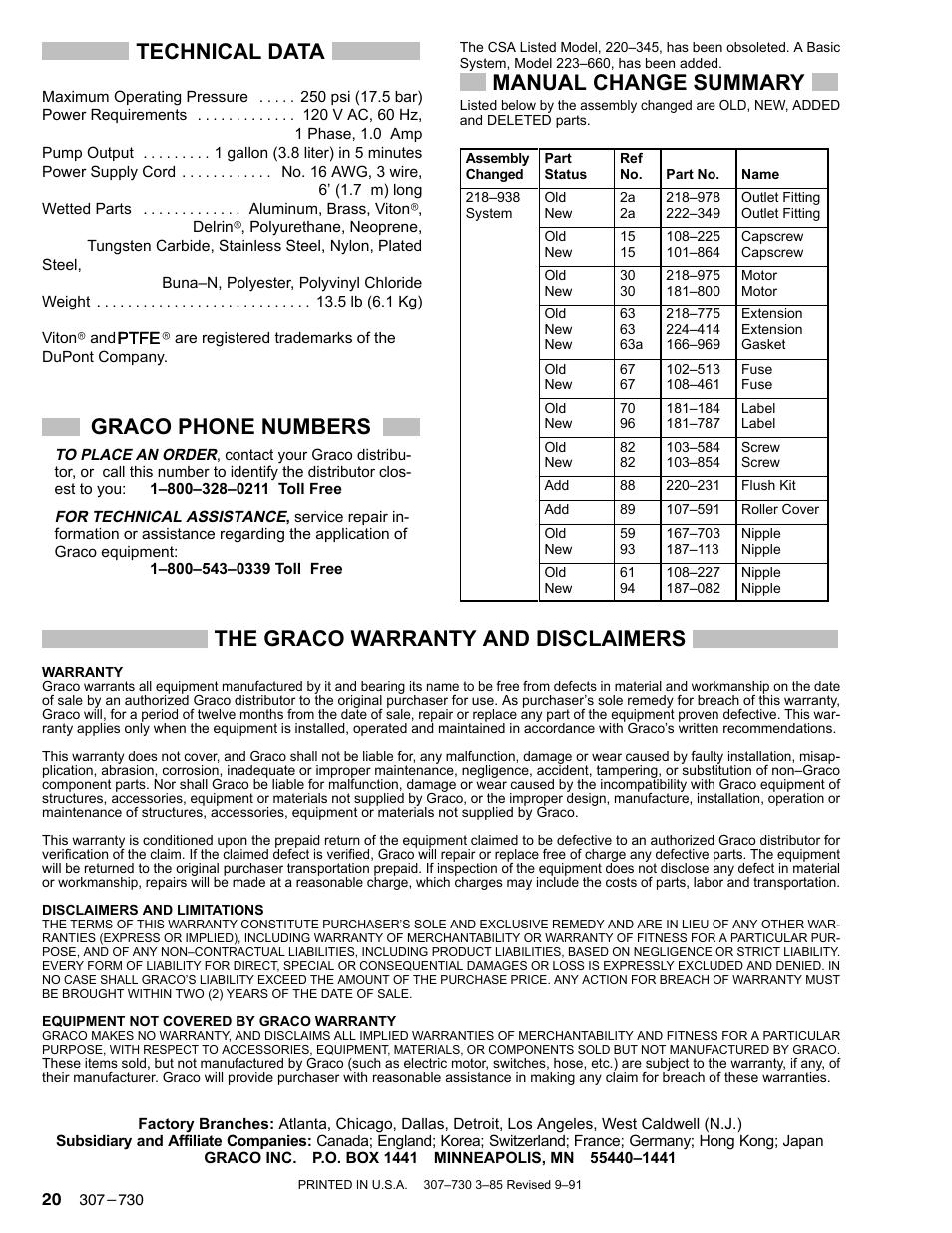 Technical data, Graco phone numbers, Manual change summary | The graco warranty and disclaimers | Graco Inc. 223660 User Manual | Page 20 / 20