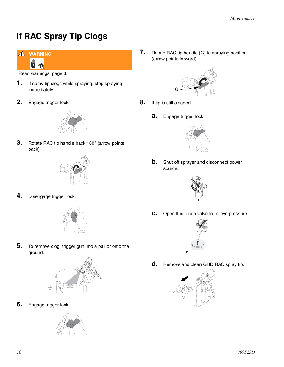 If rac spray tip clogs | Graco Inc. 234032 User Manual | Page 10 / 20