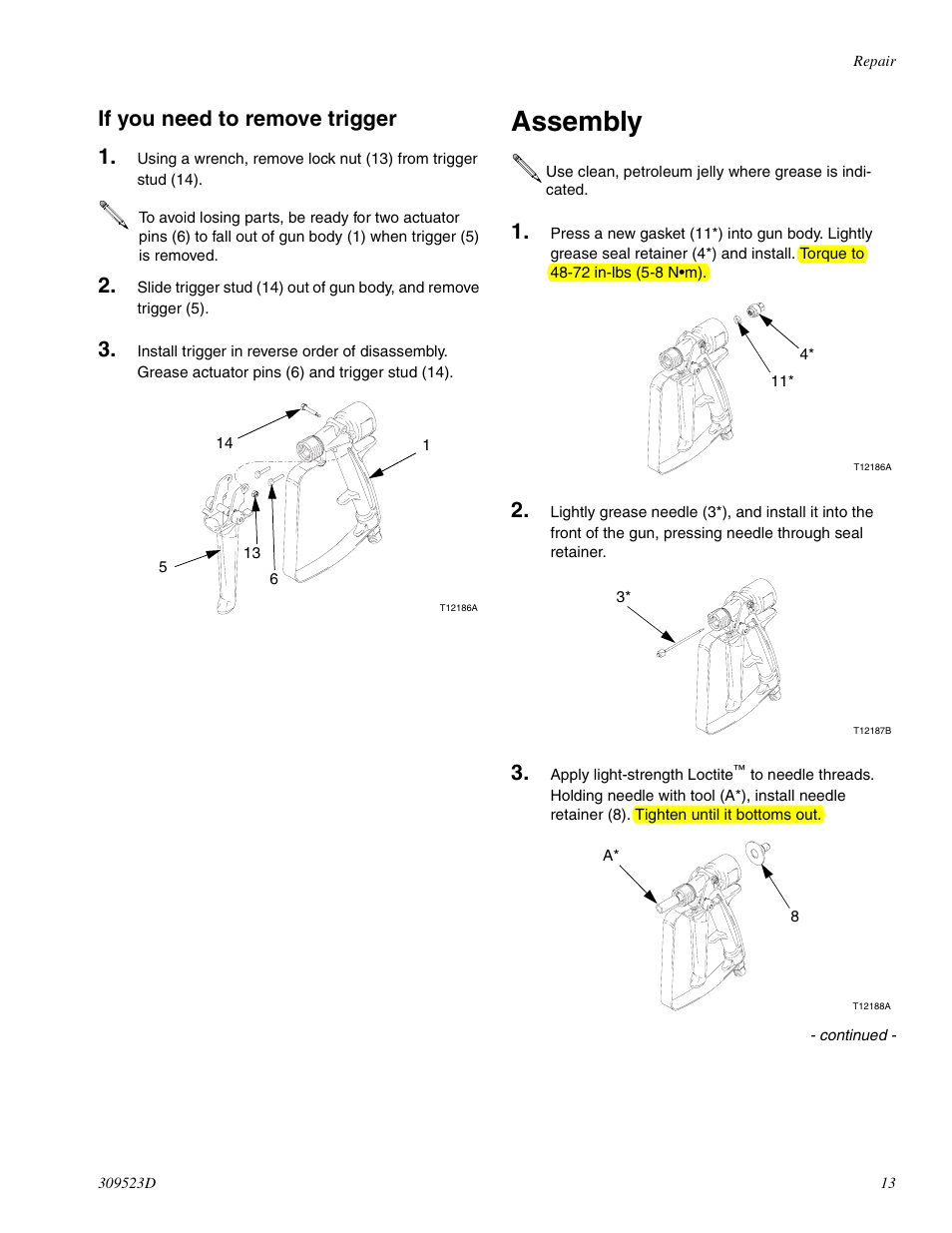 Assembly, If you need to remove trigger 1 | Graco Inc. 234032 User Manual | Page 13 / 20