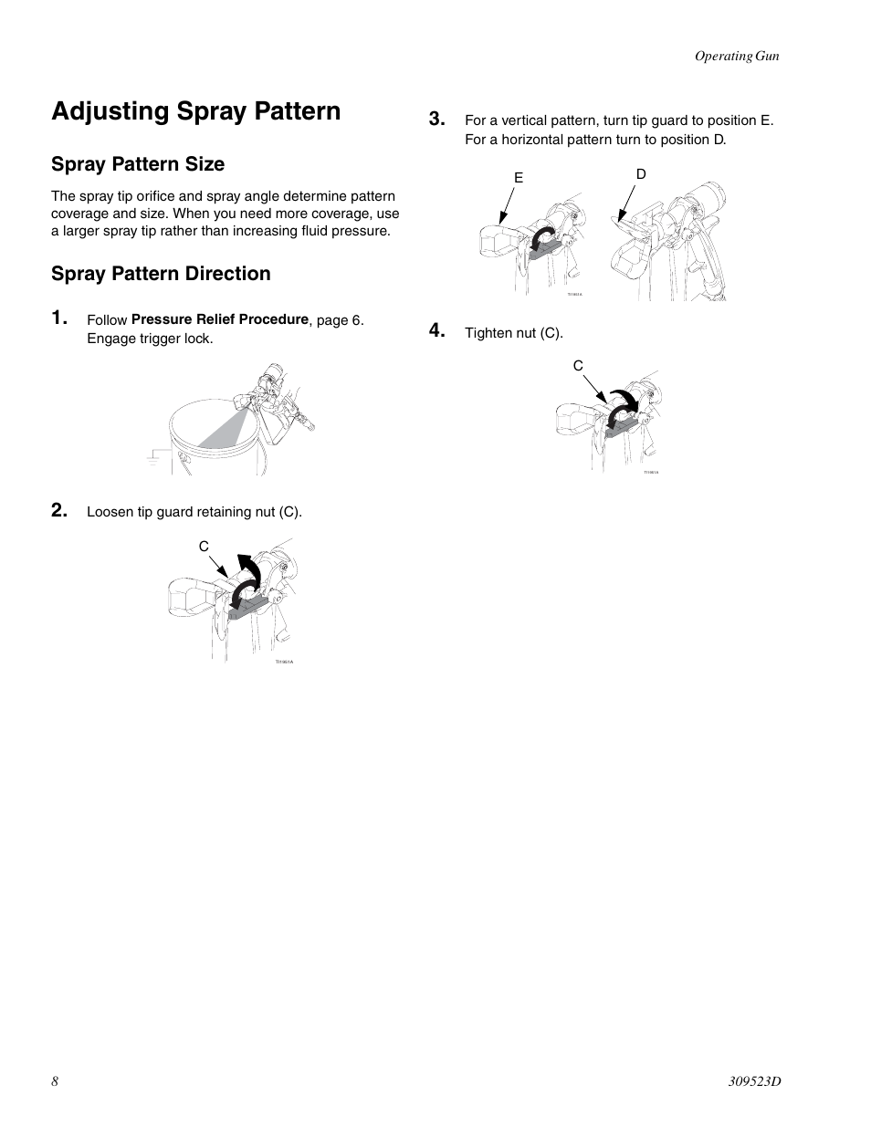 Adjusting spray pattern, Spray pattern size, Spray pattern direction 1 | Graco Inc. 234032 User Manual | Page 8 / 20