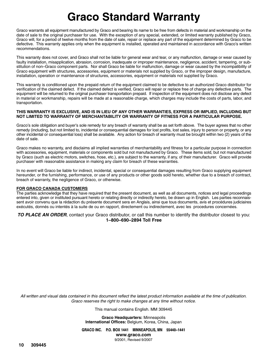 Graco standard warranty | Graco Inc. 309445 User Manual | Page 10 / 10