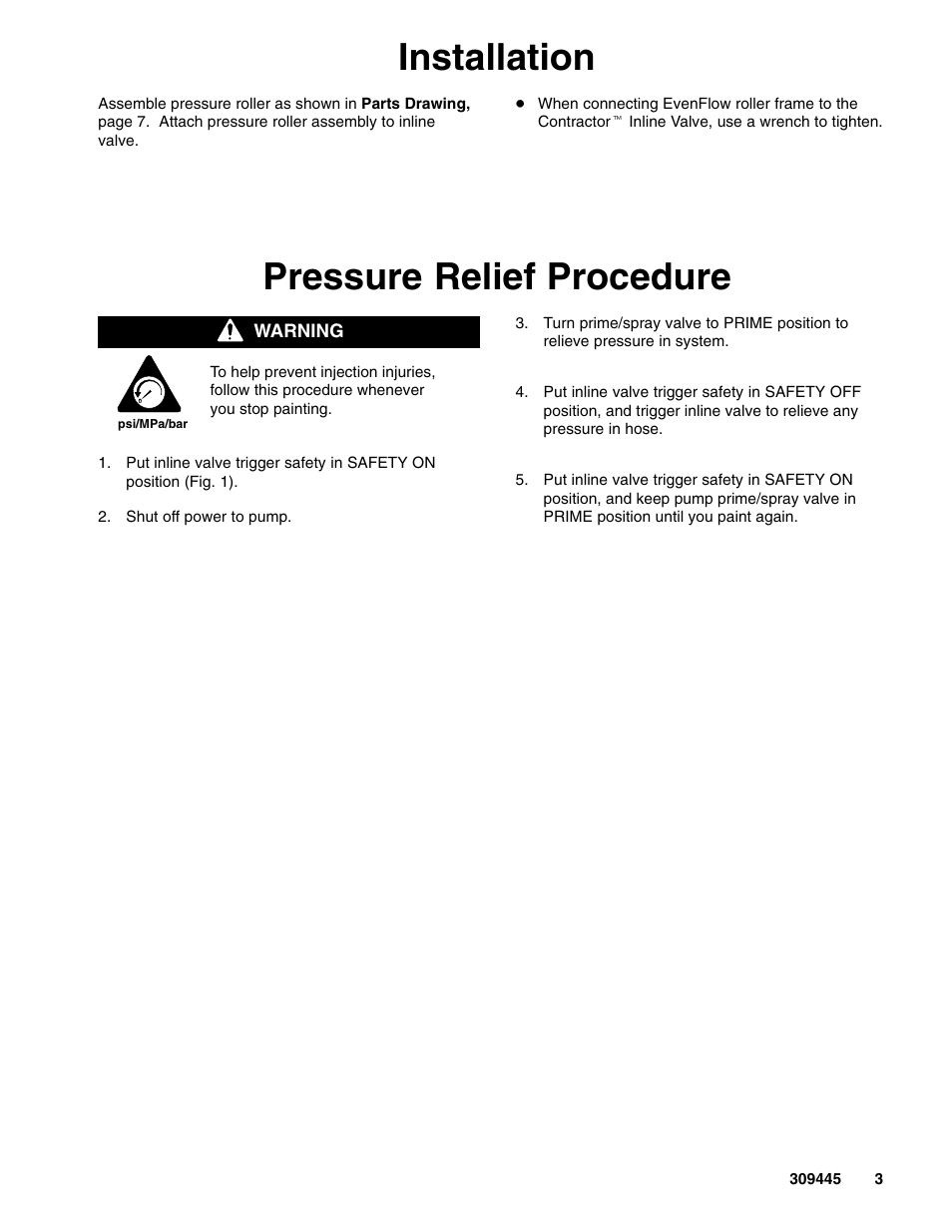 Installation, Pressure relief procedure | Graco Inc. 309445 User Manual | Page 3 / 10