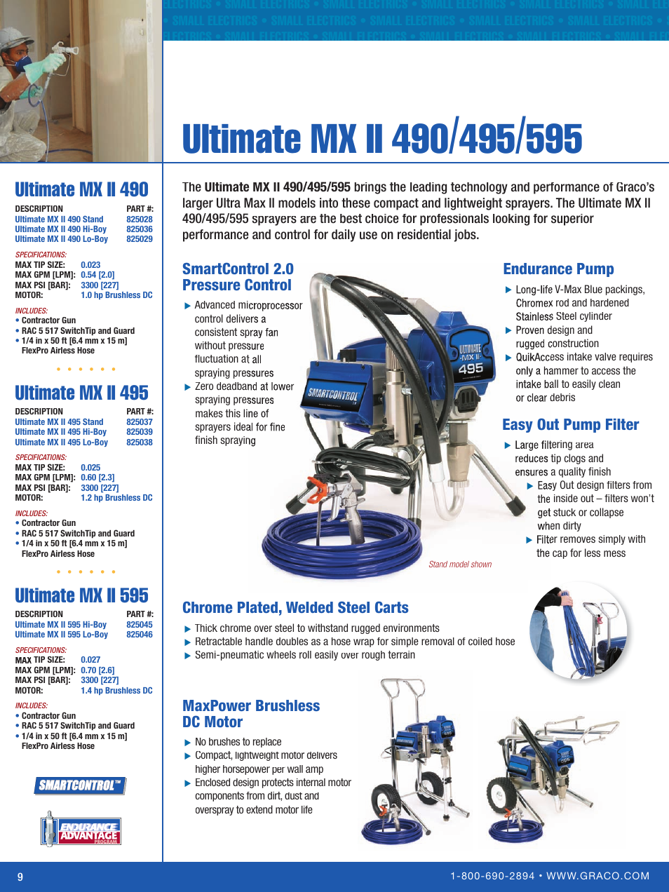 Ultimate mx ii 490, Ft 500, Ultimate mx ii 495 | Ultimate mx ii 595, Endurance pump, Maxpower brushless dc motor, Chrome plated, welded steel carts, Easy out pump filter, Smartcontrol 2.0 pressure control | Graco Inc. Ultra Max II 795 User Manual | Page 10 / 24